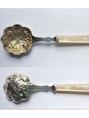 Sheffield England Berry Server Spoon Scalloped Silver and Gold Plated Repousse